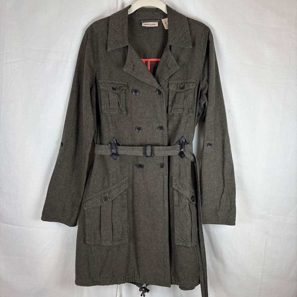 DKNY Olive Linen Trench Jacket w\ Belted Waist 4 Pockets 3/4 Sleeve Roll | Small - Picture 3 of 16